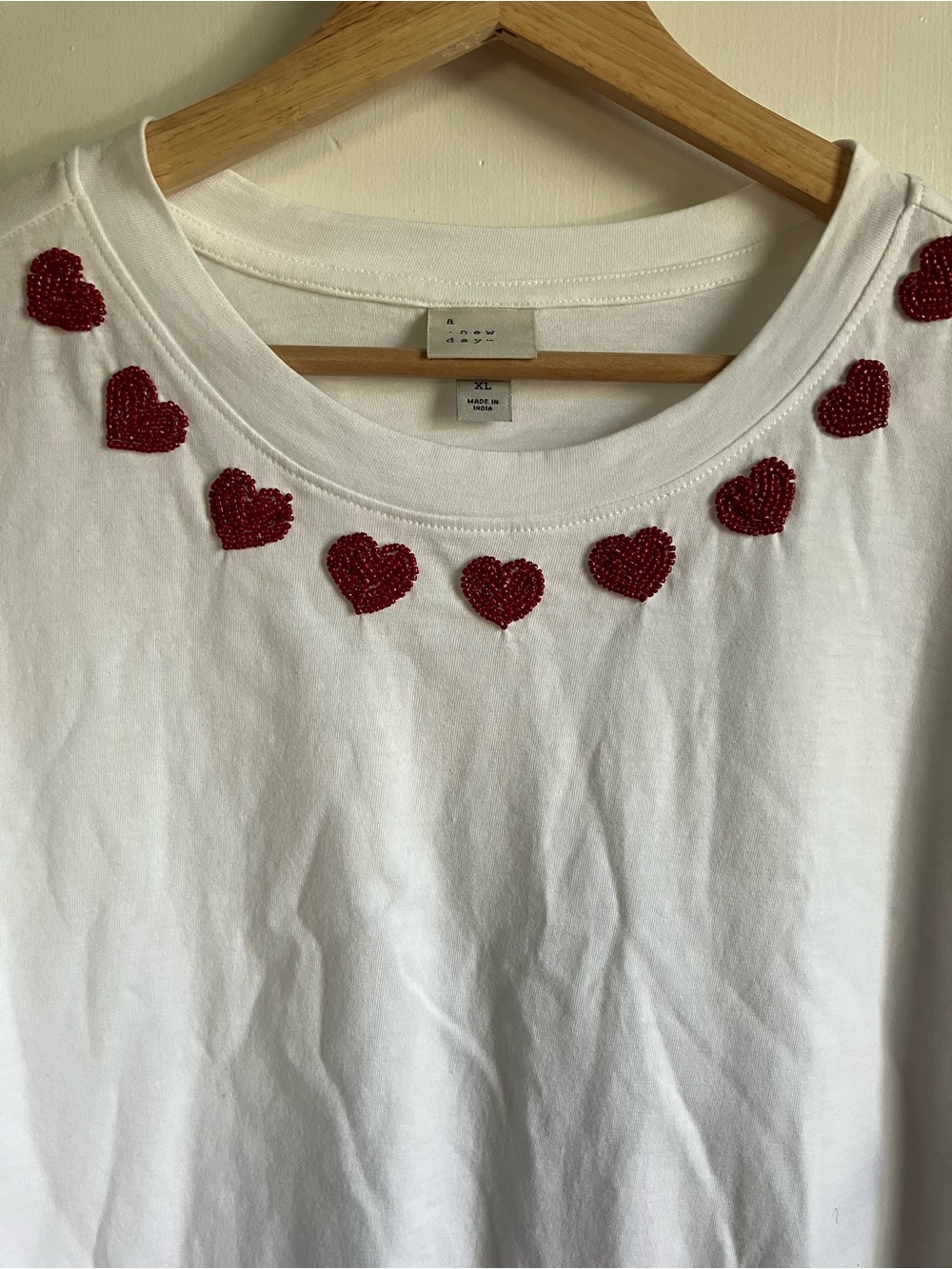 a new day White Tee with Red Beaded Heart Trim